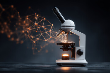 Microscope with glowing network structure in the background.