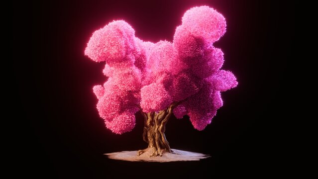 cherry blossom tree blooming in the dark background created by procedural geometric 3D render. 
