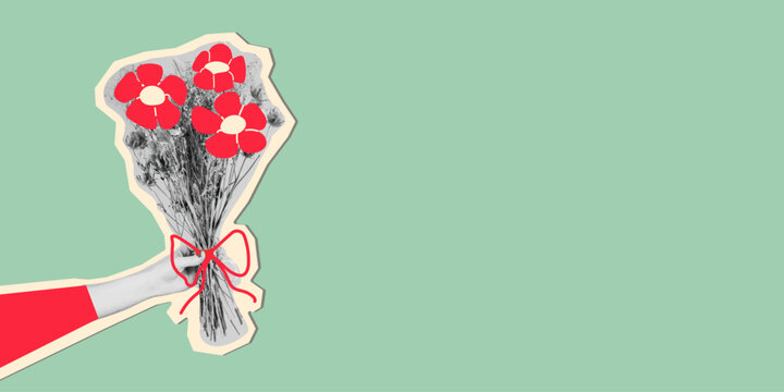Spring floral horizontal banner template with halftone female hand holding bouquet. Modern retro mixed media collage with vintage dot texture and doodle accents for posters, ads and seasonal design.