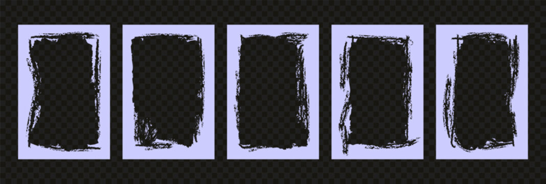 Violet grunge photo frame set with rough bold rectangular borders and graffiti texture. Distressed paper background templates perfect for social media posts, posters, and modern urban design.
