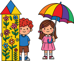 Cartoon Illustration of a Young Boy Hiding Behind Floral House and a Girl Holding a Colorful Rainbow Umbrella Vector Graphic