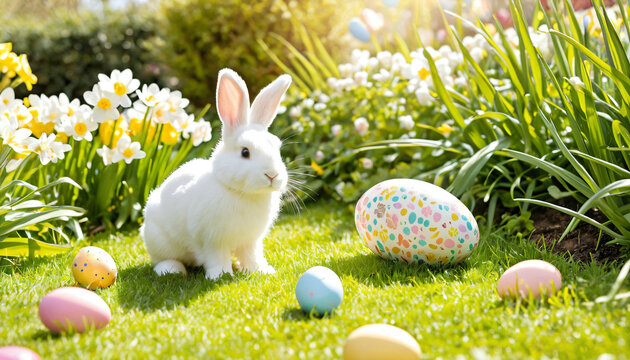 Osterhase im Garten neben einem gro&szlig;en kunstvoll verzierten Osterei