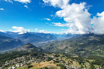 Fototapeta premium Aerial View of Crans-Montana and the Swiss Alps – Scenic Mountain Landscap