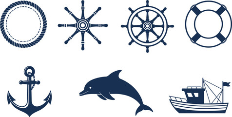 Nautical maritime icon set with rope wheel lifebuoy anchor dolphin and fishing boat for sea adventure designs © Md