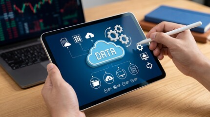 Close up of a person's hands holding a tablet displaying cloud data icons gears and charts with a laptop in the background cloud computing technology business digital network connection