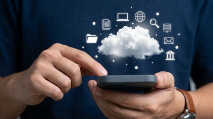 Close up of a person's hands using a smartphone with a digital cloud and various technology related icons floating above cloud computing mobile phone data internet network connection storage