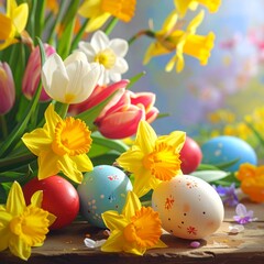 Fototapeta premium Blühende Frühlingsblumen mit Ostereiern