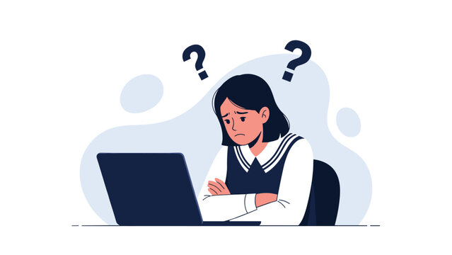 Worried schoolgirl in a uniform sitting at her laptop looking confused and distressed with question marks floating in the background above her.