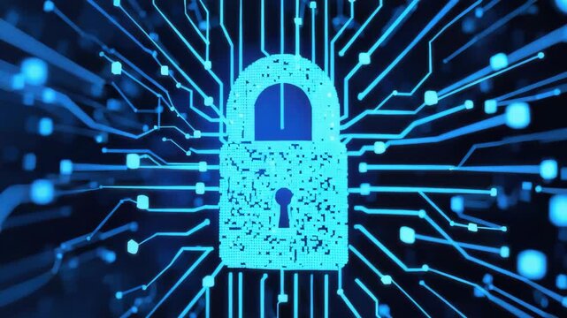 Digital padlock with glowing circuit lines conveying cybersecurity protection and data privacy
