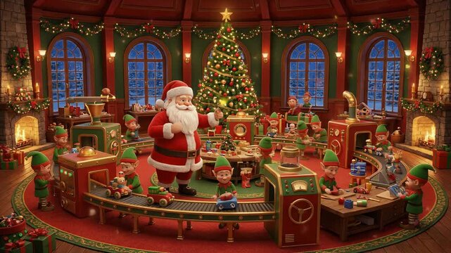 Santa Claus and cheerful elves making toys in a festive holiday workshop full of joy and Christmas spirit