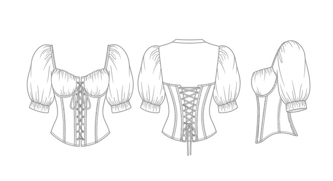 Detailed sketch of a vintage style corset and blouse with puffed sleeves front and back view