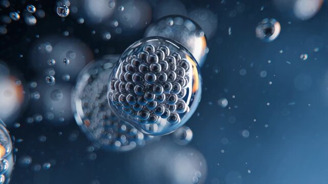 Microscopic view of spherical structures within transparent bubbles against a dark blue backdrop