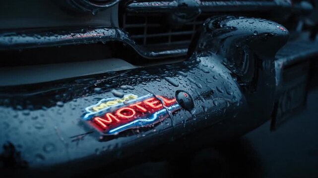 Cinematic close up of wet vintage car chrome bumper reflecting neon motel sign on rainy night