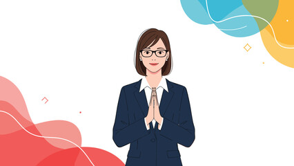 Professional woman in a dark business suit standing with her hands together in a prayer or greeting gesture against an abstract colorful background.