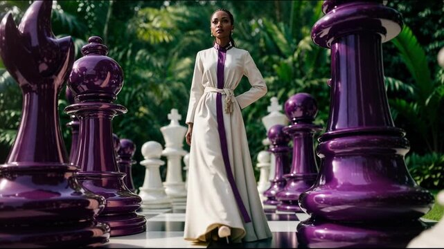 Woman in gown on giant chessboard commanding regal presence amid oversized purple and white chess pieces, tropical palm backdrop, couture styling, confident