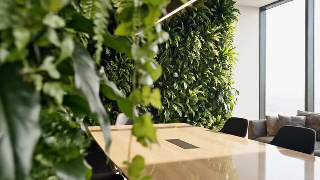 A contemporary and inviting meeting room showcases a stunning full-height living wall, creating a serene and sustainable work environment. Lush green plants, including various ferns and broad-leaf spe