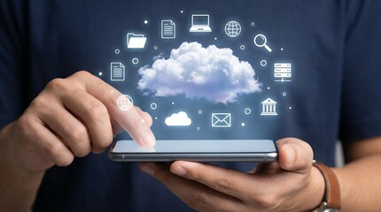 Close up of person's hands holding smartphone with cloud computing icons and digital data symbols floating around a fluffy cloud technology mobile phone network connection internet online