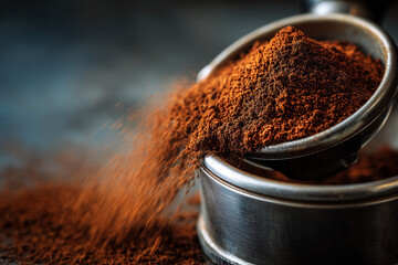 Ground coffee powder overflowing from a metal container.