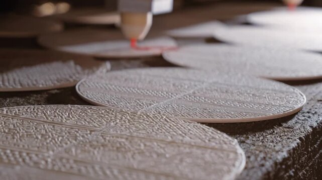 Printing textured record labels with a raised pattern design capturing the tactile surface and craftsmanship involved in the production process.