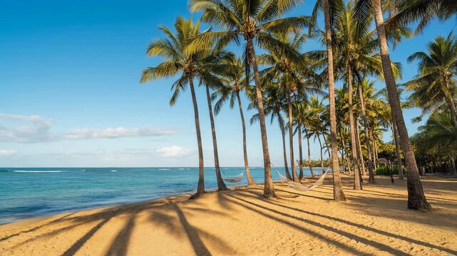 Relaxing beach scene with palm trees and gentle waves on a sunny tropical shore