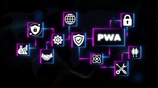 Progressive Web App P W A Development Concept with Security and Tools on Black Background with Neon Lights