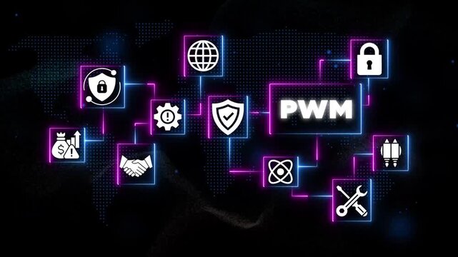 P W M Pulse Width Modulation Technology Concept with Security Shields, Gears, and Tools on Black Background with Neon Lights