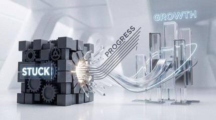 A 3D illustration of a cube breaking free from being stuck to achieve growth and progress