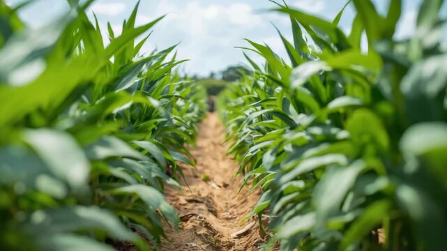 Young corn field row with green crop rows and summer agriculture crop scene bright dirt path
