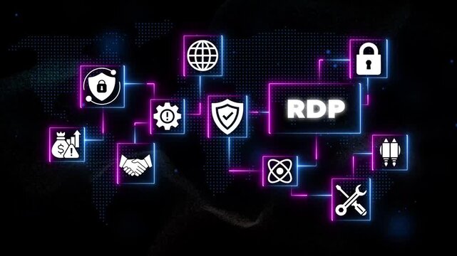 Remote Desktop Protocol R D P cybersecurity concept with for security shield, data protection, and network connection on a futuristic background with neon lights