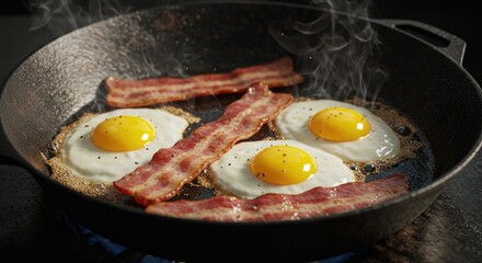 A sizzling skillet containing three sunny-side-up eggs and four strips of crispy bacon