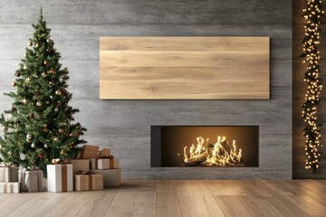 Obraz premium Cozy christmas living room with tree, gifts, and fireplace warmth
