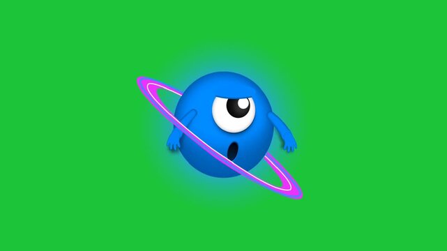 Cute one eyed blue alien planet character with ring isolated on green background seamless loop animation