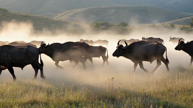 Water Buffalo Herd Running Through Misty Field With Rolling Hills Background