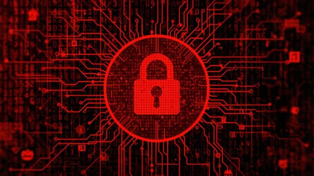 Red digital lock circuit code data network cybersecurity protection matrix securing urgent security