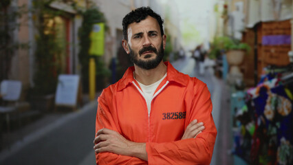 Hispanic man in an orange prison jumpsuit stands thoughtfully on a vibrant street, reflecting...