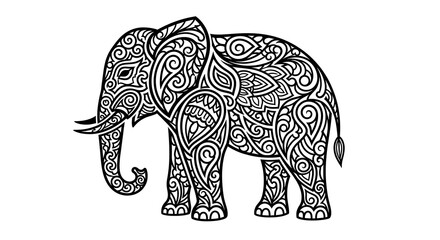 An intricately decorated black and white elephant with detailed tribal patterns covering its body.