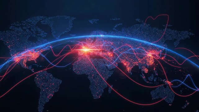 Global digital network map with glowing data nodes and dynamic light trails conveying connected