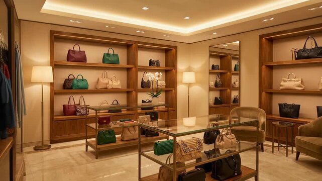 Luxury boutique interior showcasing elegant designer handbags and sophisticated fashion accessories