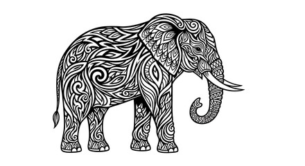 Fototapeta premium Intricately patterned black and white elephant illustration with detailed tribal and floral motifs.