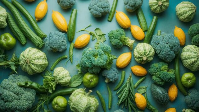 Green and yellow vegetable assortment flatlay with broccoli, yellow squash, gourd, green pumpkin