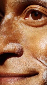 Close-up Portrait of a Smiling Individual Highlighting Facial Features and Textures in a Natural Looking Expression, Capturing Emotion and Character Details