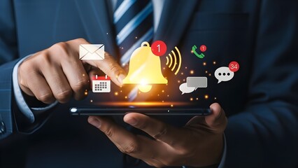 Businessman holding a smartphone with various communication icons displayed