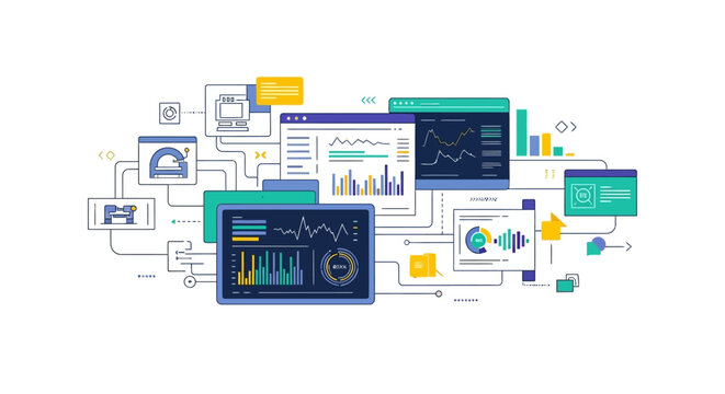 A complex network of business and technology illustrations featuring graphs, charts, and diagrams in a variety of colors and styles on a white background.