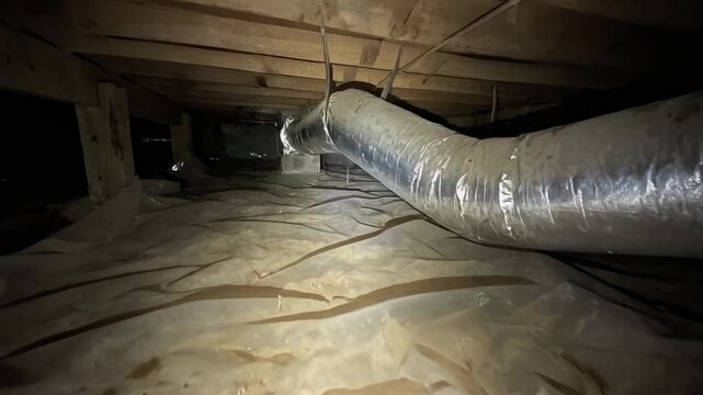 Firefly exploring dark crawl space with twisting metallic ductwork and dancing shadows at night