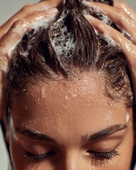 Naklejka premium Woman washing hair with shampoo in close up, personal care and hygiene concept for beauty, wellness and daily routine