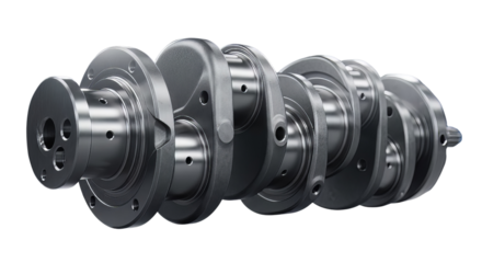 A detailed crankshaft is prominently displayed against a plain background from a slightly angled viewpoint showcasing its intricate mechanical structure