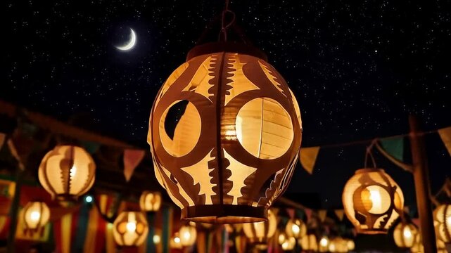 Decorative lanterns hang at outdoor nighttime festival under crescent moon