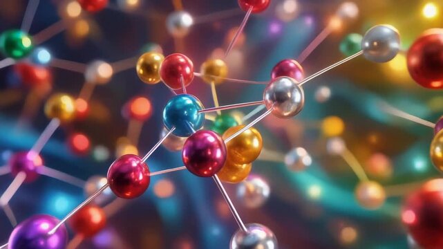 Vibrant colorful atoms dance interconnected by shimmering bonds in a mesmerizing swirl animation