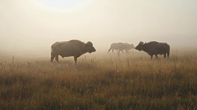 Water Buffaloes Walking Through Misty Field At Sunrise Nature Wildlife Scenery