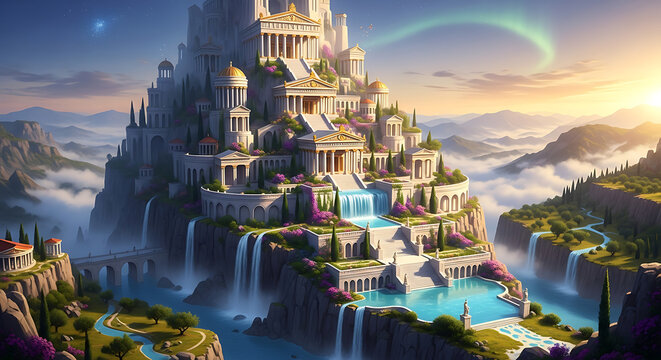 Olympus Palace Fantasy 3D Drawing of a Palace atop Mount Olympus in Greek Nature